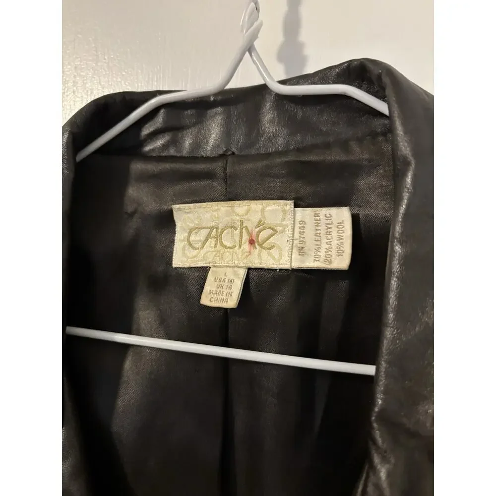 Cache Brown Leather Jacket Ribbed Knit Sleeves Boho Feminine Size L - Picture 2 of 6